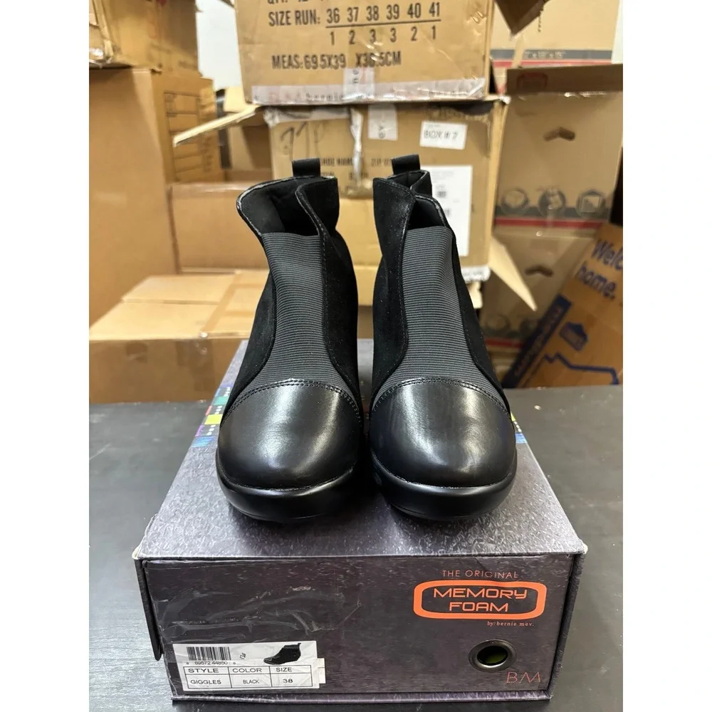 Bernie Mev Giggles Black Wedge Ankle Boots Size 38 US 7.5-8